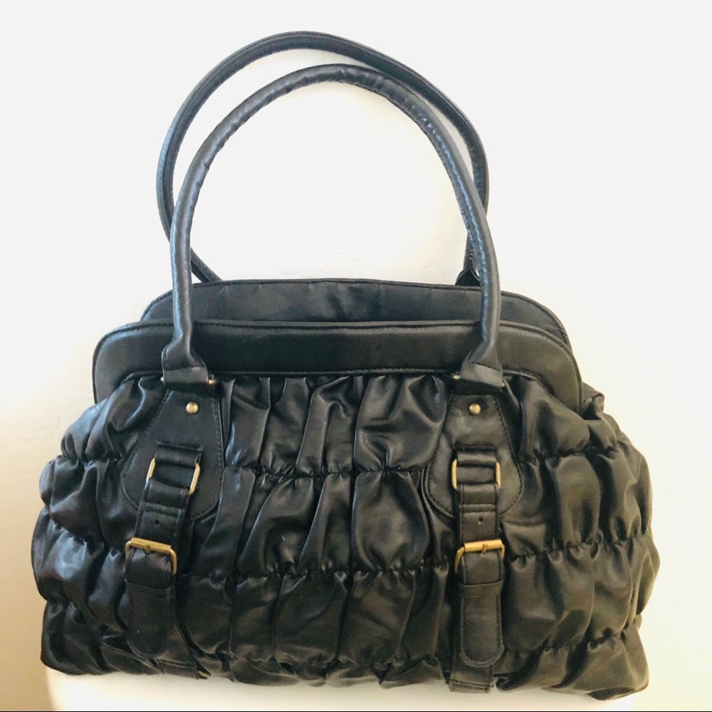 Black Faux Leather Buckle Shoulder Handbag